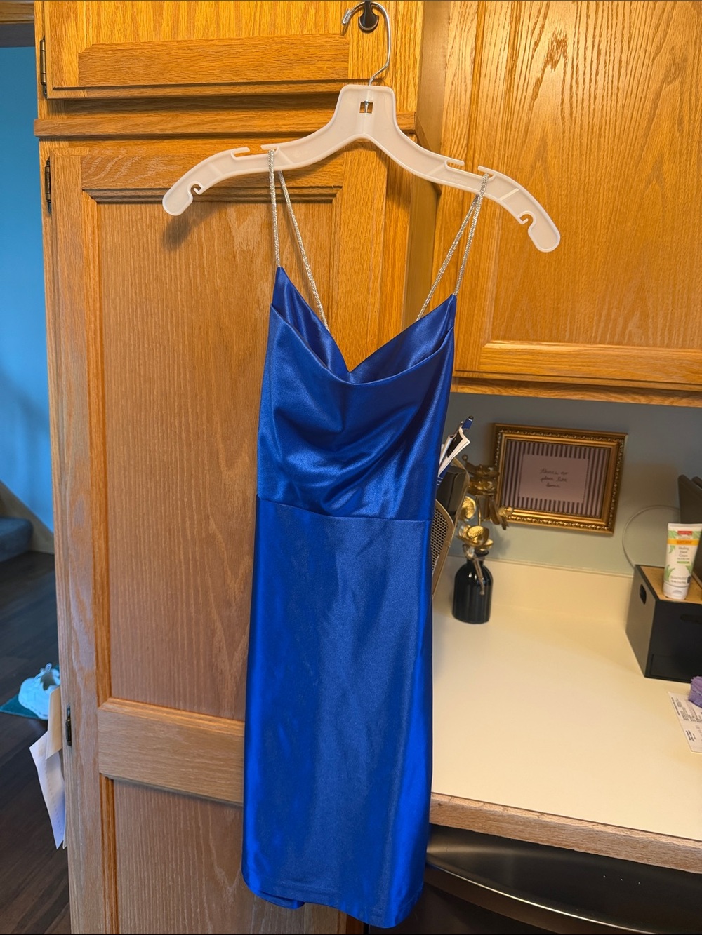 Blue Satin Cowl Neck Mini Dress with Chain Straps